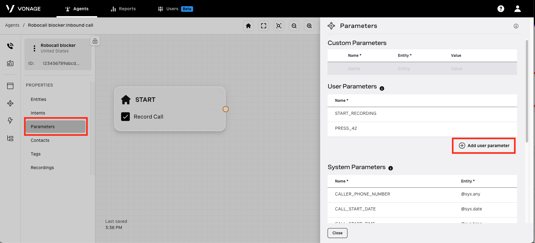 A screenshot of the agent builder. Highlighted are the parameter node and the add user parameter link