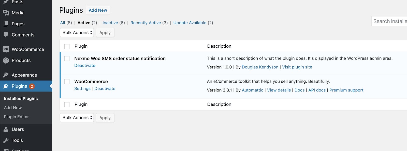 WordPress installed plugins page