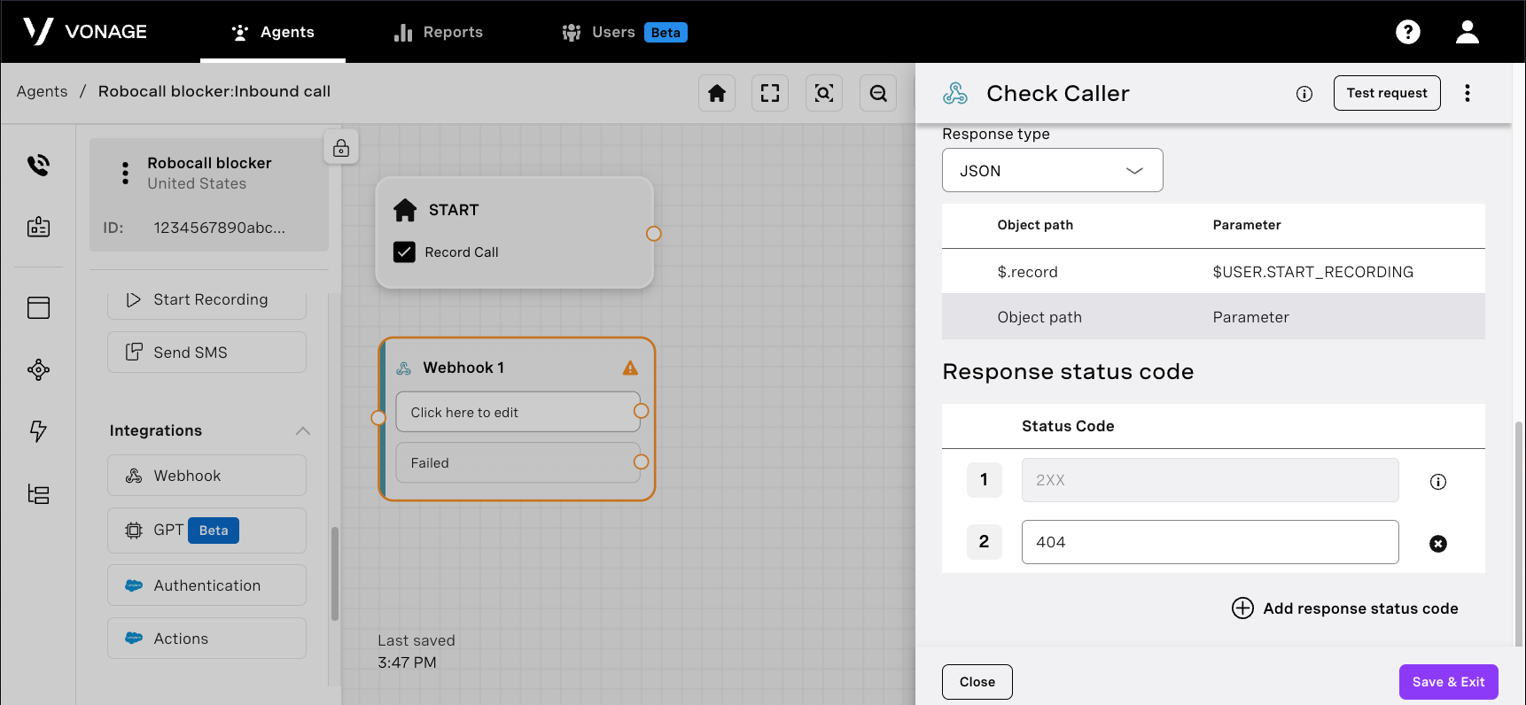 the agent builder webhook node configuration