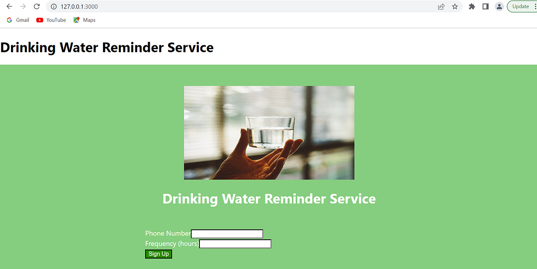 Drinking water Reminder Service home page