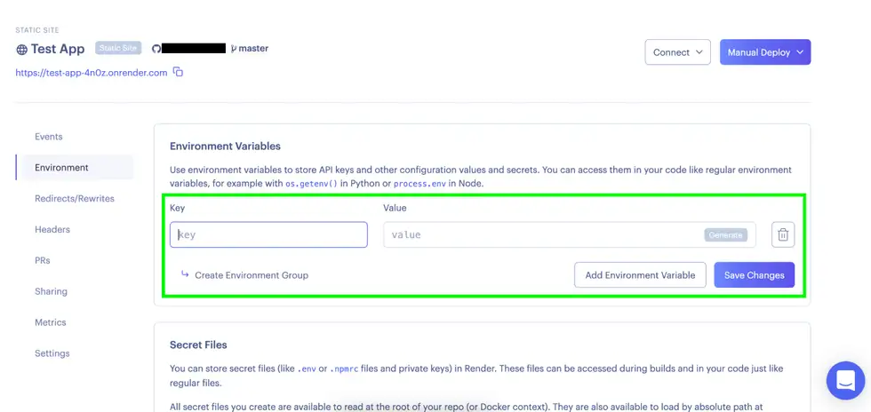 Screenshot of the Render Dashboard for adding environment variables, showing a form with 'key' and 'value' fields