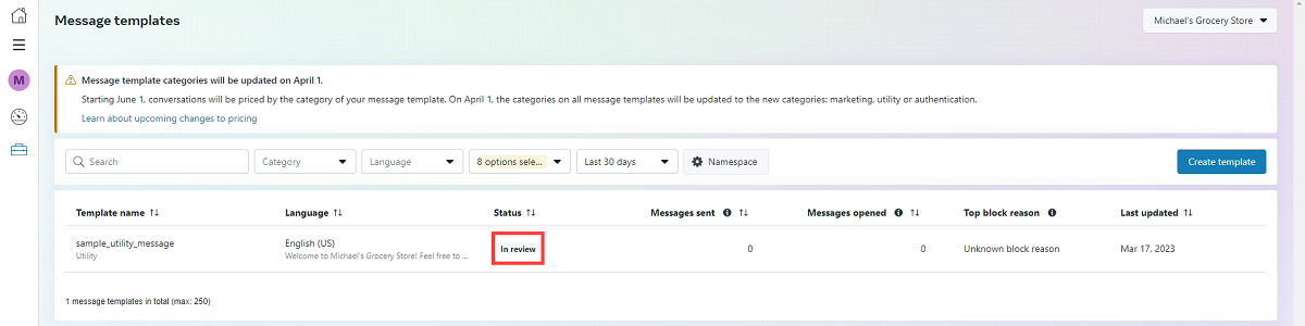 WhatsApp Manager - Message Template Status