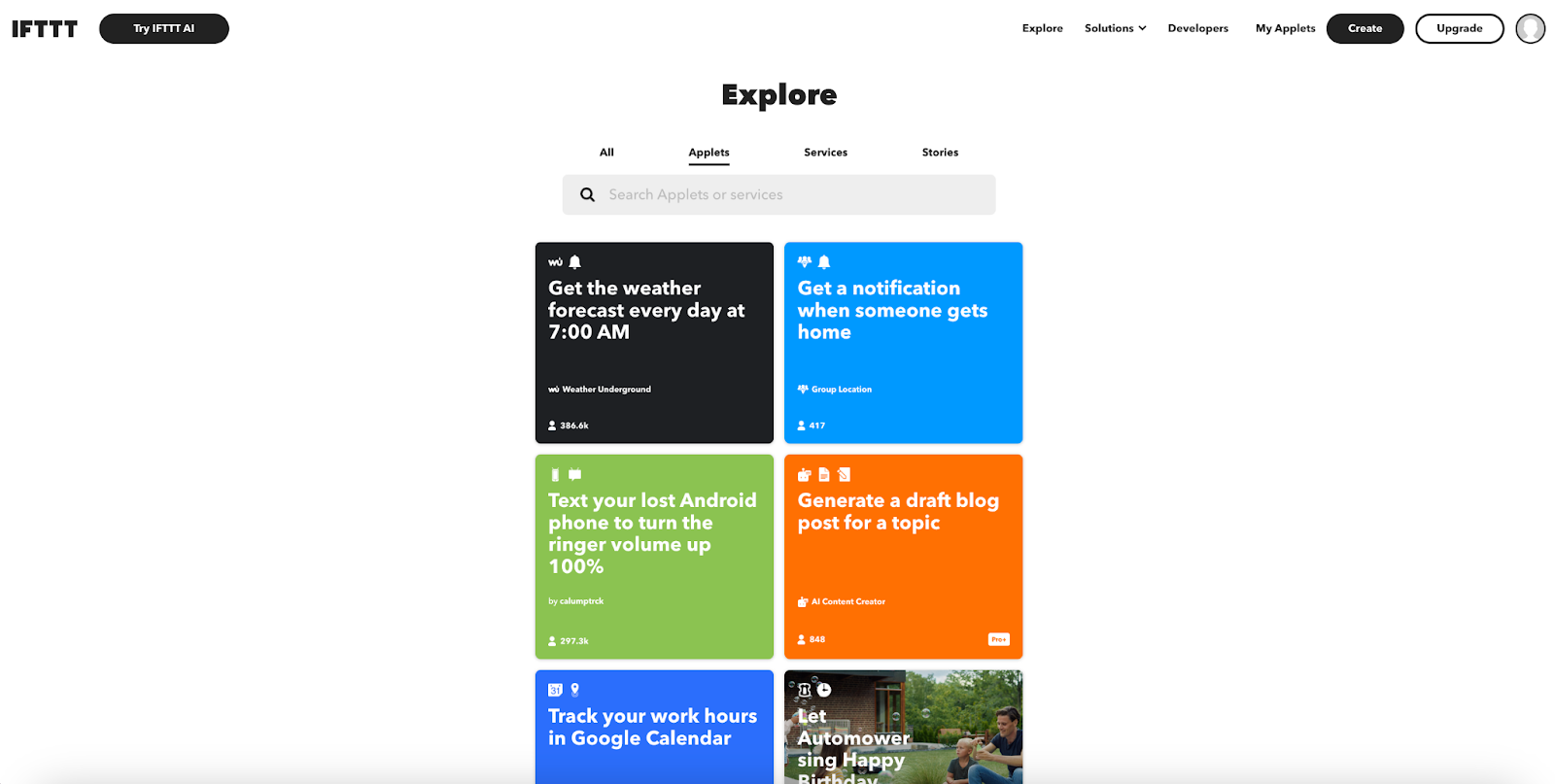 IFTTT explore page with a wide choice of applets integrating various services