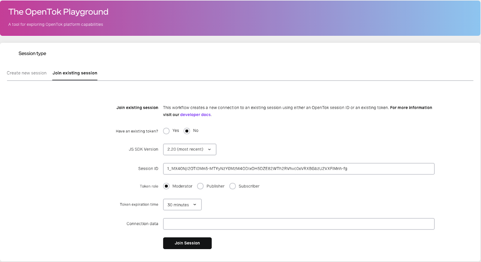 The user interface for the initial Playground page with "Join existing session" tab highlighted