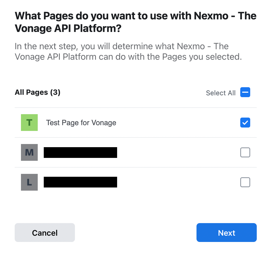 Screen shot of a Facebook Page selector