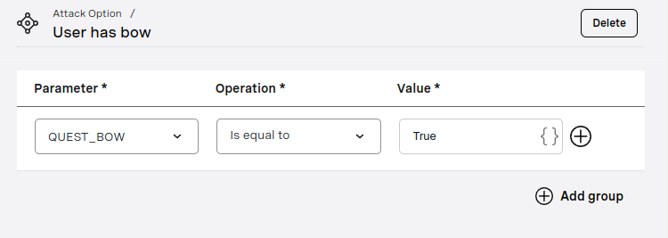 A screenshot showing an the setup for the 'User has bow' Entity with a Parameter of 'QUEST_BOW' an Operation of 'is equal to' and a Value of 'True'