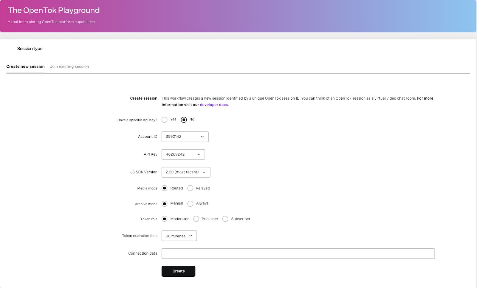 The user interface for the initial Playground page with "Create new session" tab highlighted
