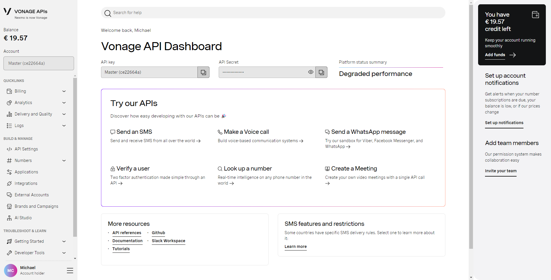 Vonage Dashboard