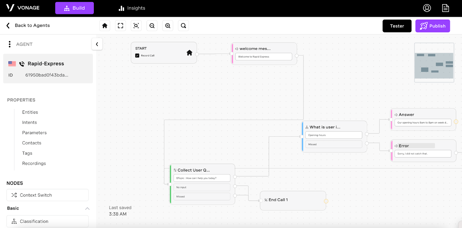 Screenshot of Vonage AI Studio workflow
