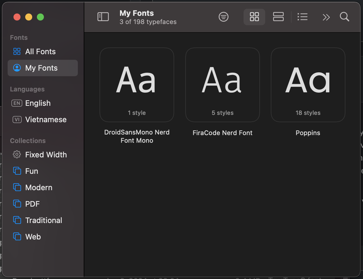 This image shows the window titled Profiles from Terminal with the Text tab opened, showing that FiraCode Nerd Font is set as the font.