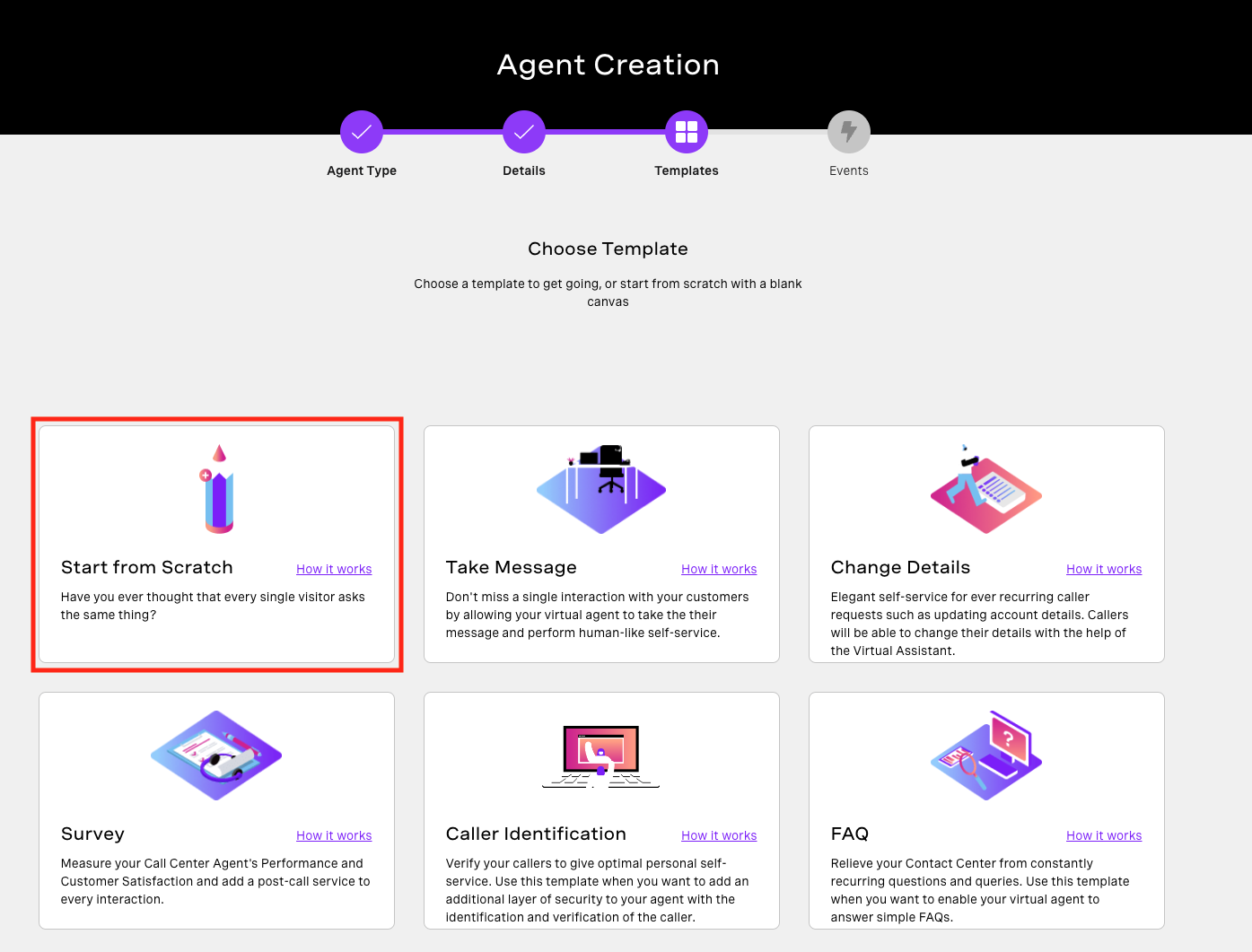 agent creation screen with multiple options to select a starter template. highlighted is the start from scratch screen
