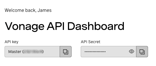 Screenshot of Vonage Dashboard, showing API Key and Secret