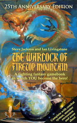 Book cover from 'The Warlock of Firetop Mountain' depicting a dragon and a wizard