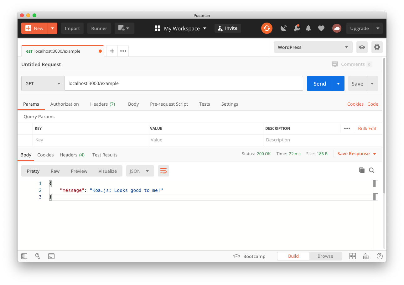 Screenshot of making a request to the Koa.js example API using Postman