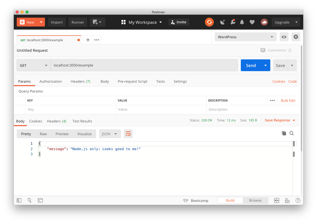 Screenshot of making a request to the Node.js example API using Postman