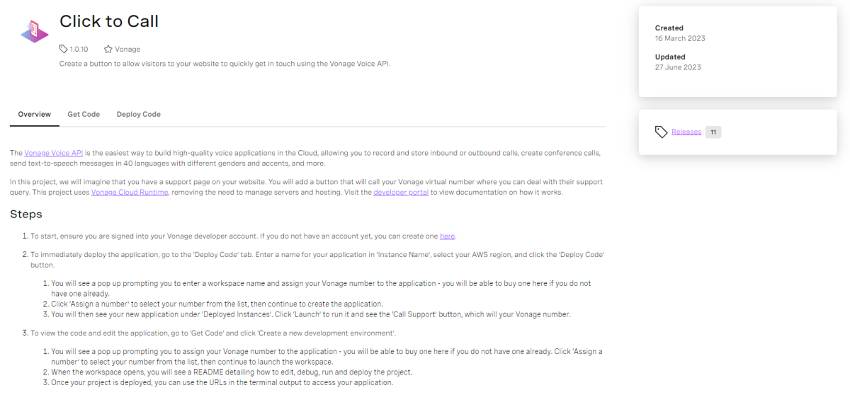 Click to Call Overview Screen