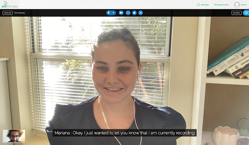 A video call between Mariana and Hanza. Text says: "Mariana: Okay, I just wanted to let you know that I am currently recording"