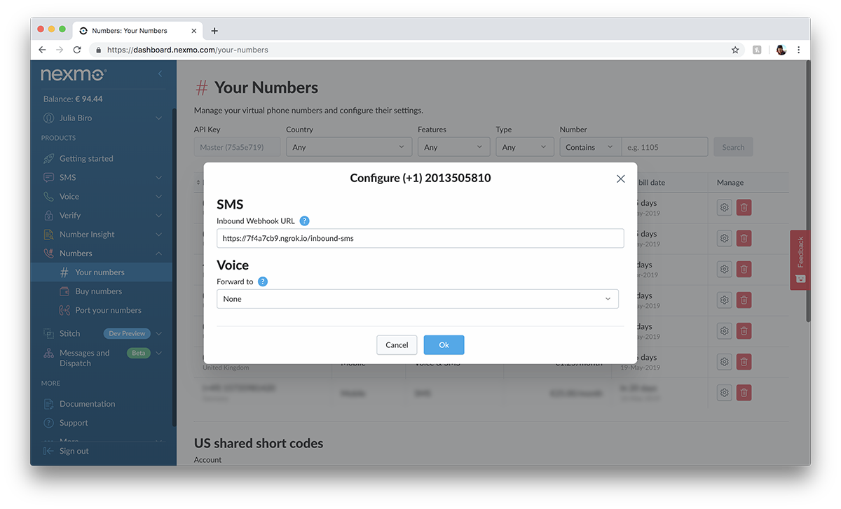 Inbound webhook for number