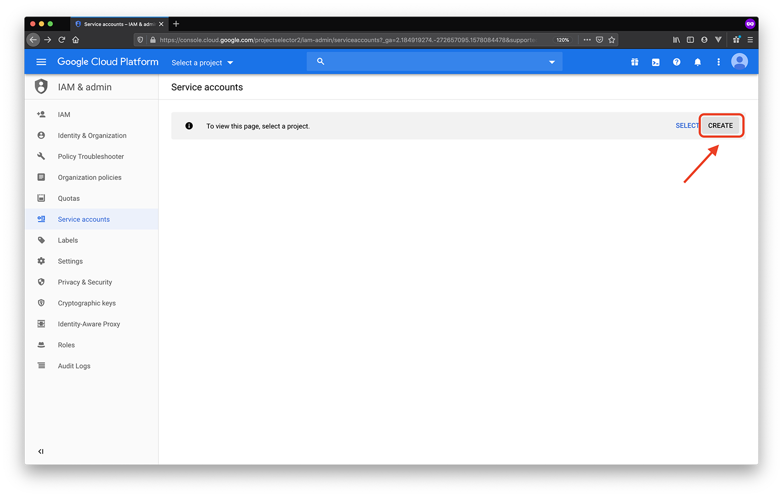 google service accounts create project