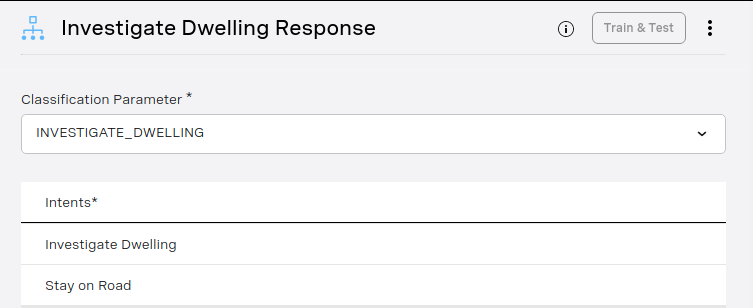A screenshot showing an example of the AI Studio Classification Node, showing a Classification Parameter field with 'INVESTIGATE_DWELLING' set as the parameter name, and the Intents field with 'Investigate Dwelling' and 'Stay on Road' set as the intents..