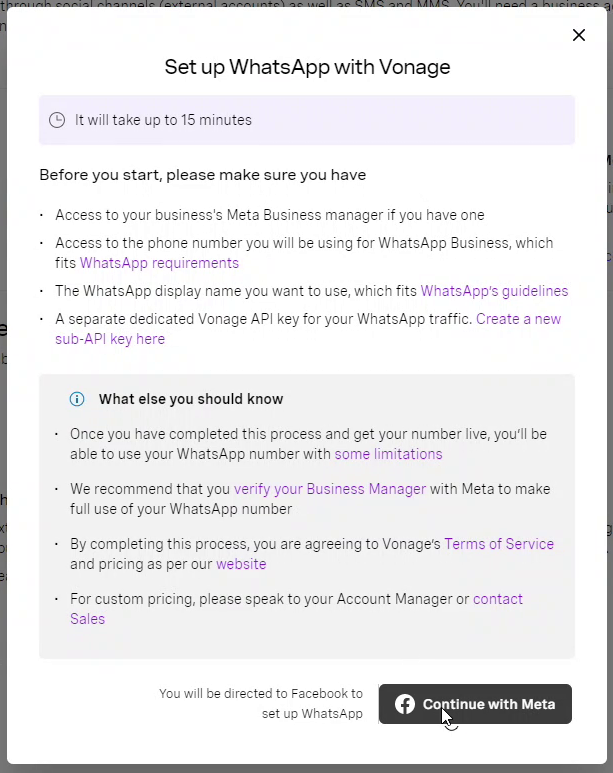 Vonage Setup screen