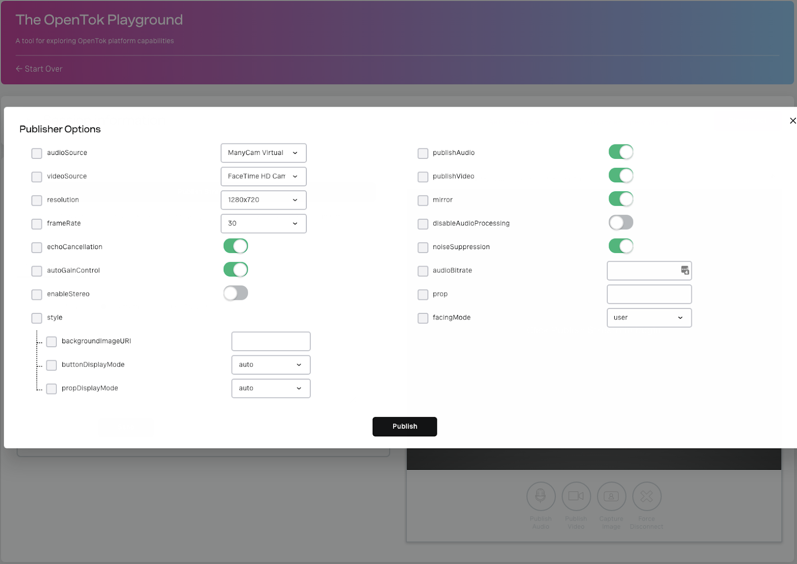 The user interface for the Playground with pop-up menu for publisher options