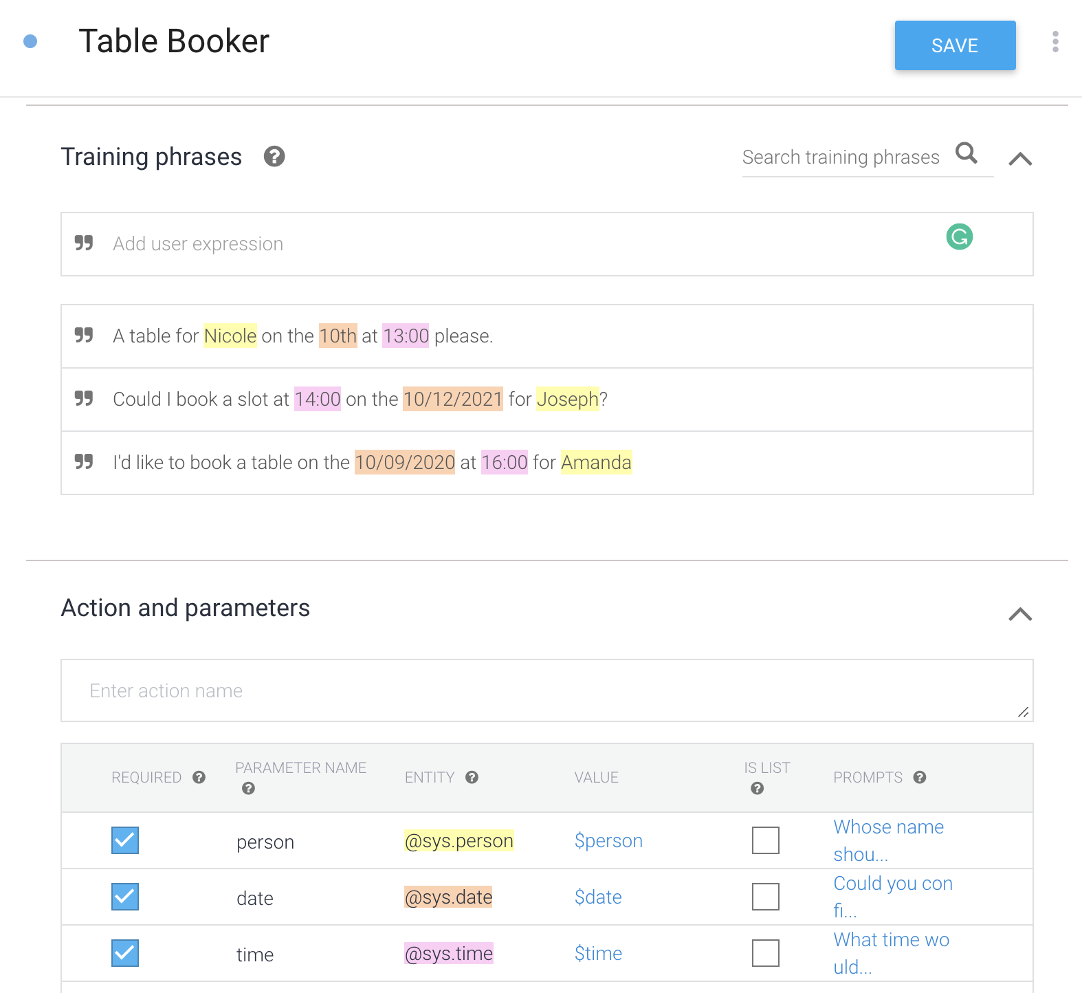 Training phrases examples