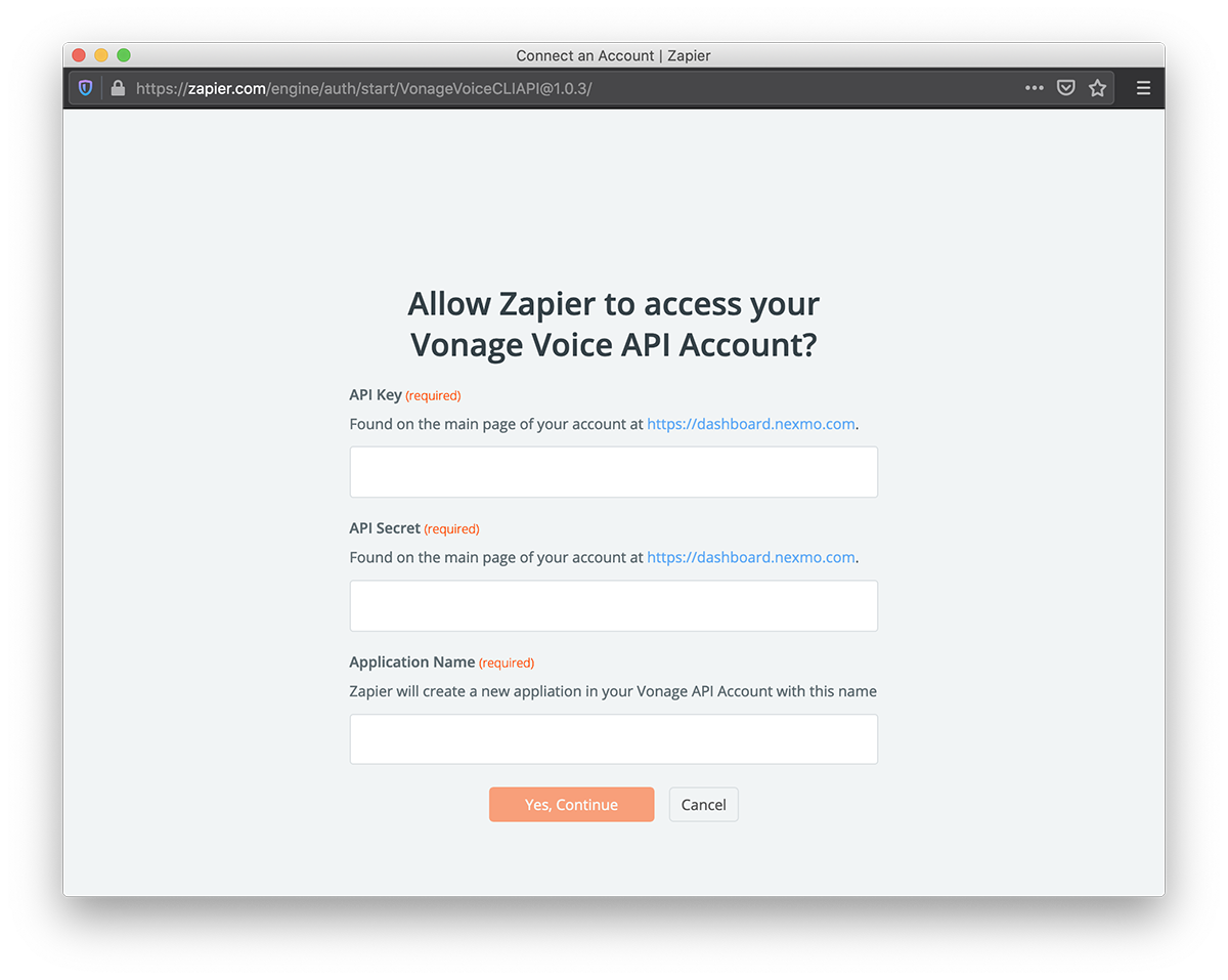 Vonage credentials pop-up in Zapier