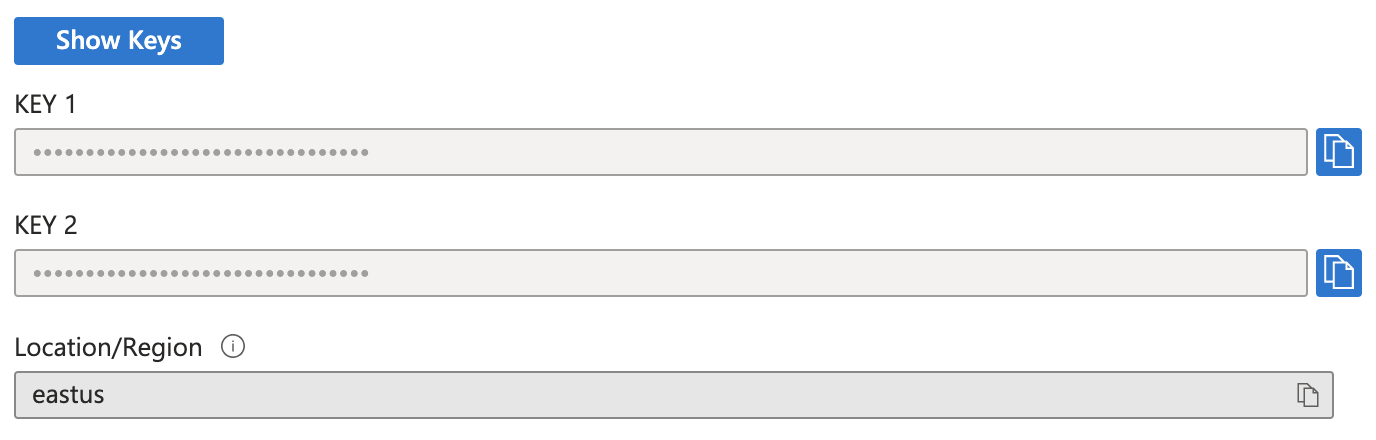 Screenshot of a section of the dashboard showing the Key 1, Key 2 and Location/Region