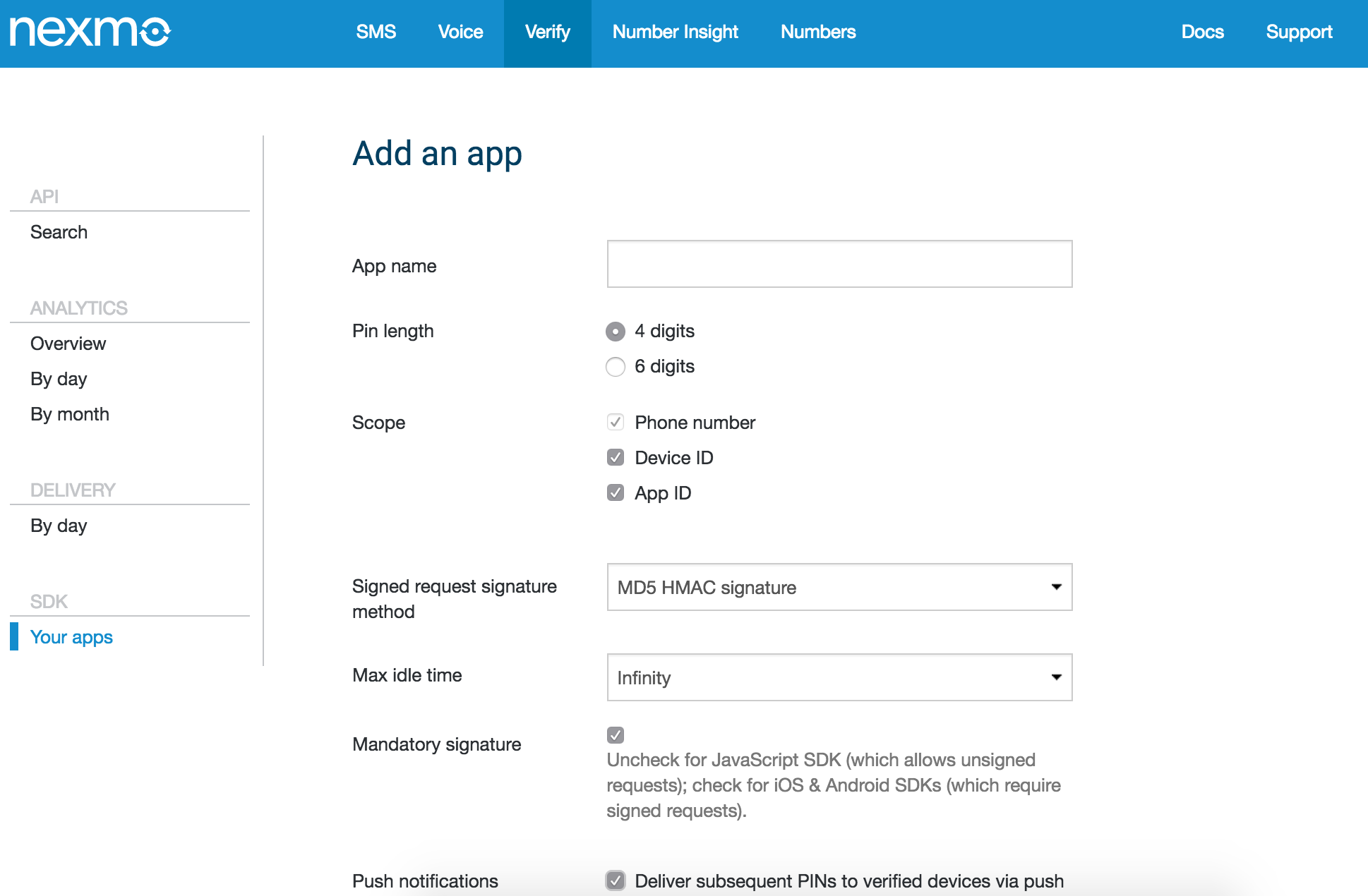 Add a new Nexmo App in the dashboard