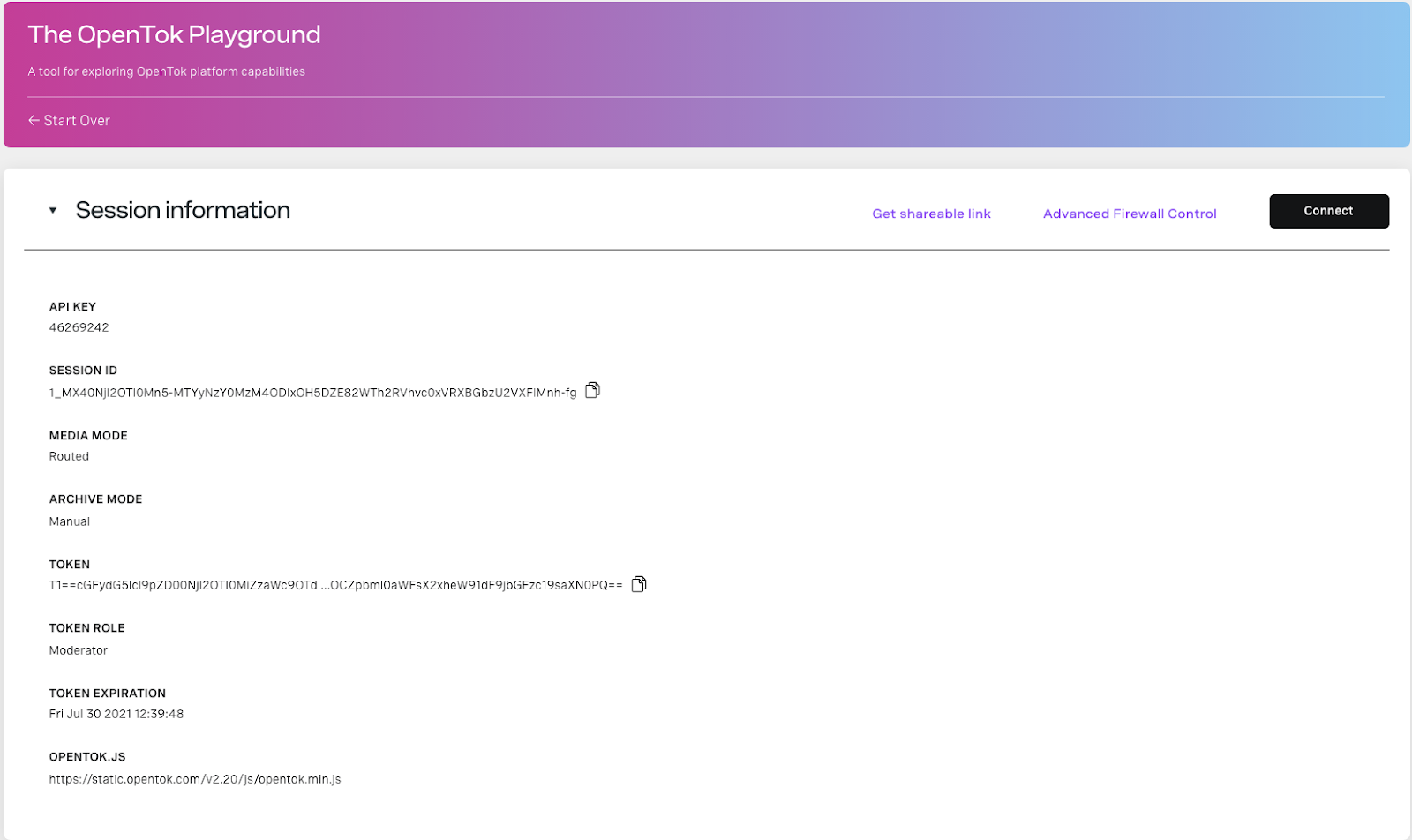 The user interface for the Playground page with the session information