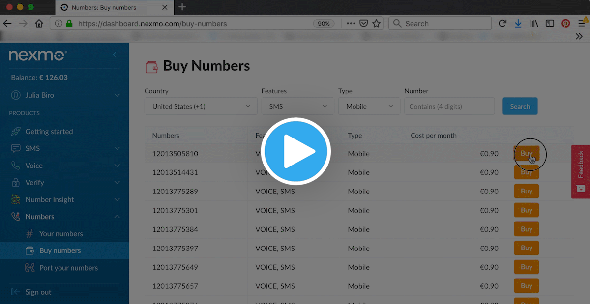 A screenshot example of buying a nexmo number in the dashboard