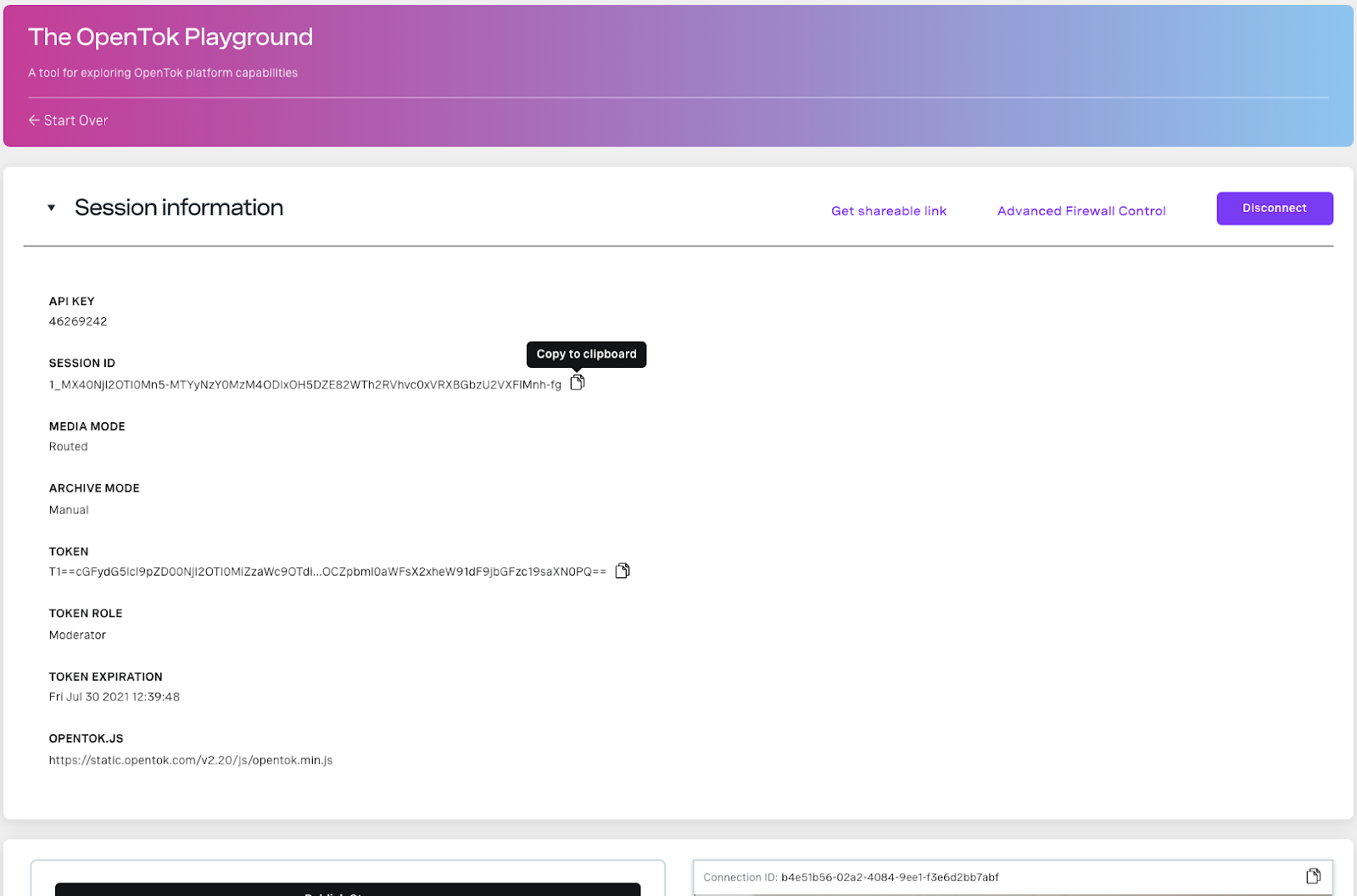 The user interface for the Playground with session information