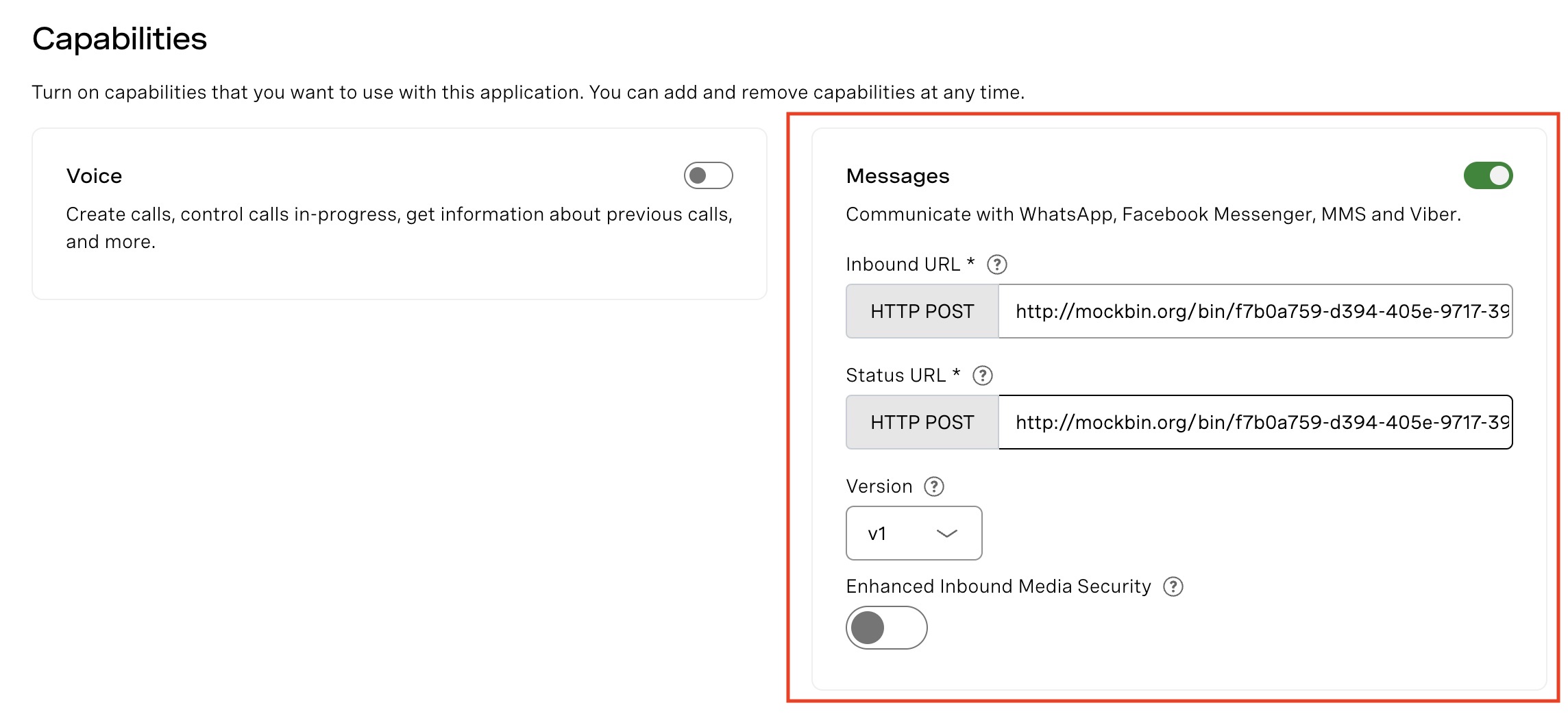 Messages capability showing inbound and status URLs using MockBin