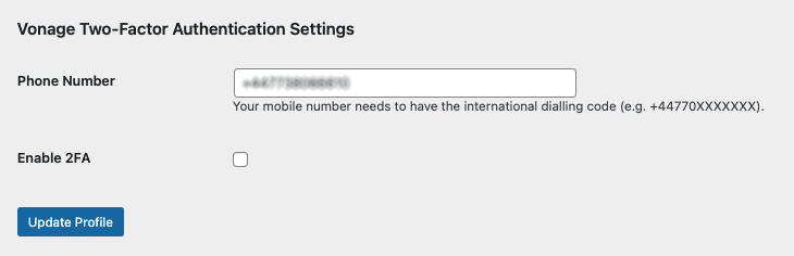 Screenshot of a WordPress user profile with new 2FA settings added