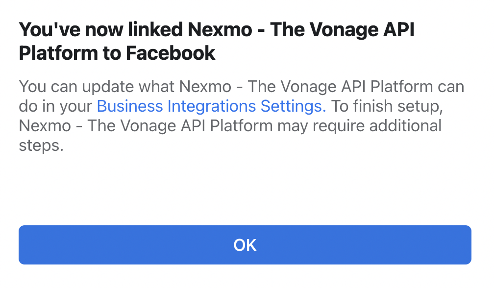Confirmation of Facebook Page being successfully linked