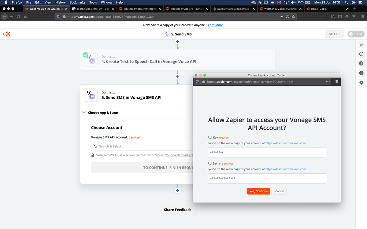 Vonage SMS credentials in Zapier