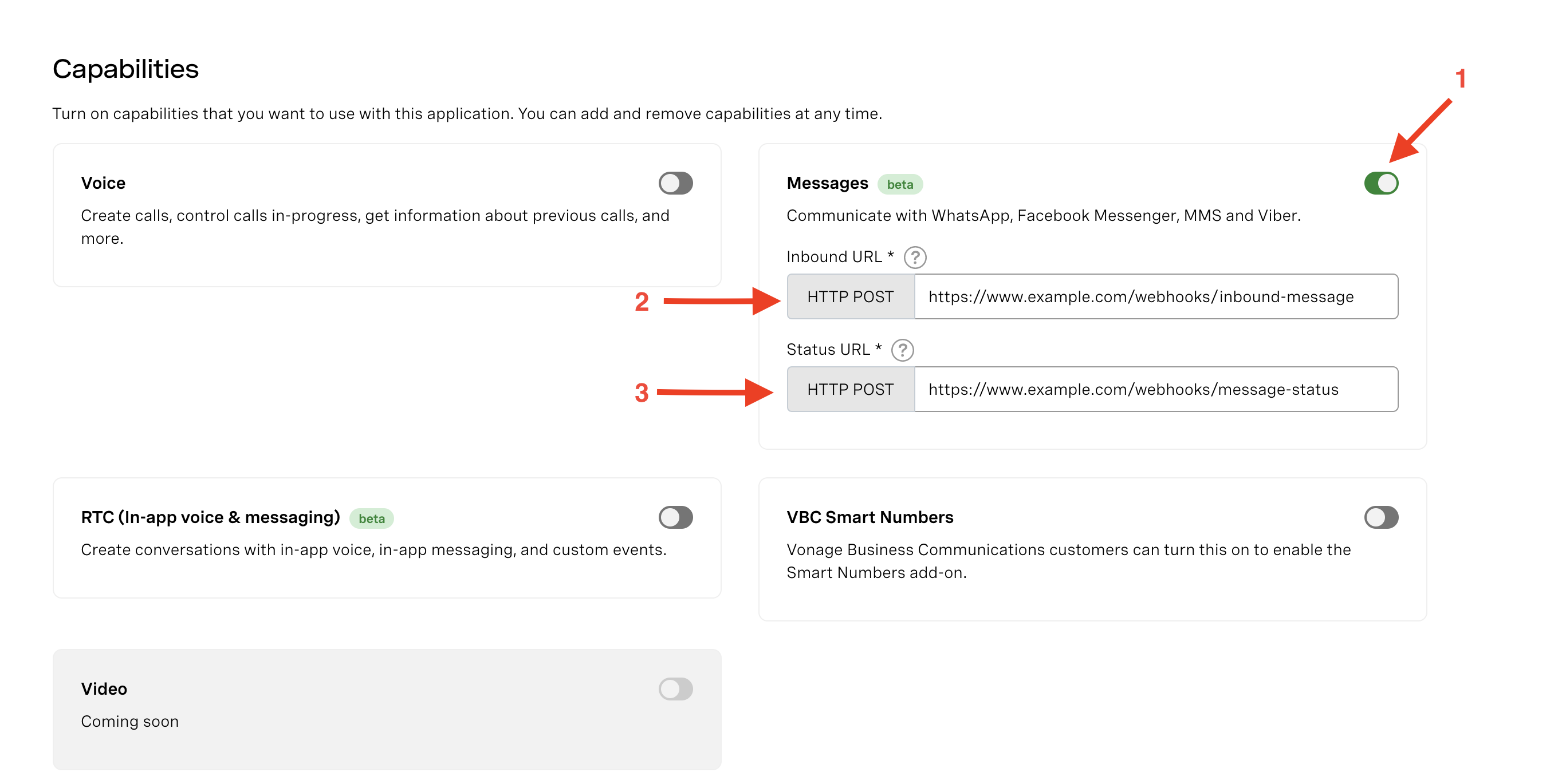 Check Messages API is toggled on and webhooks are correct in Vonage dashboard