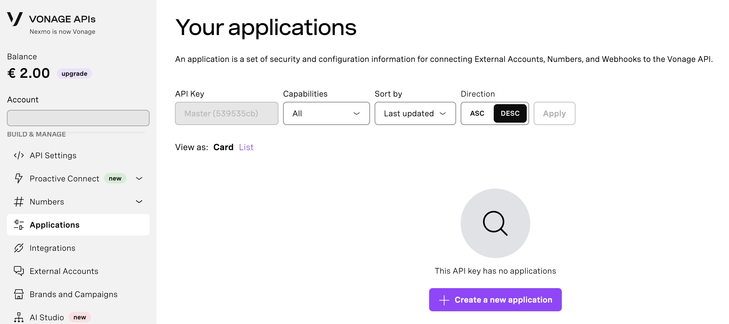 Your Applications page containing a purple button to create a new application