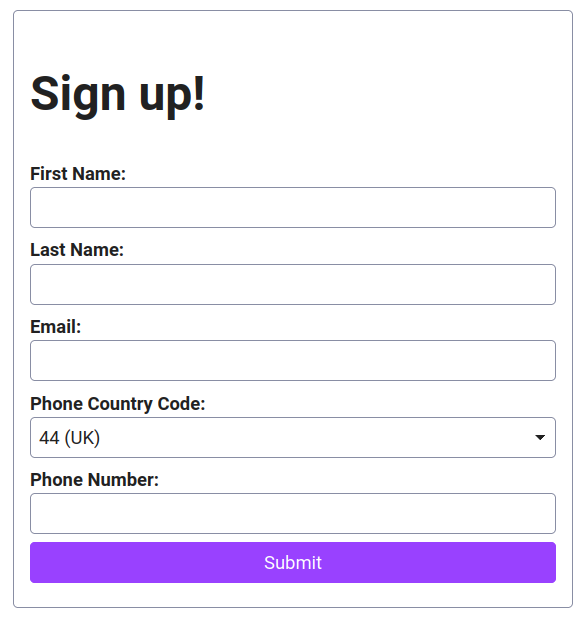 Screenshot of a rendered Rails 'users/new' view template showing an input form with First Name, Last Name, Email, Phone Country Code, and Phone Number input fields