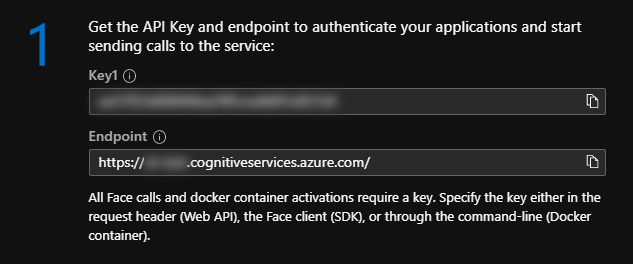 Screenshot of the Quick start blade within Azure for the Face API service.
