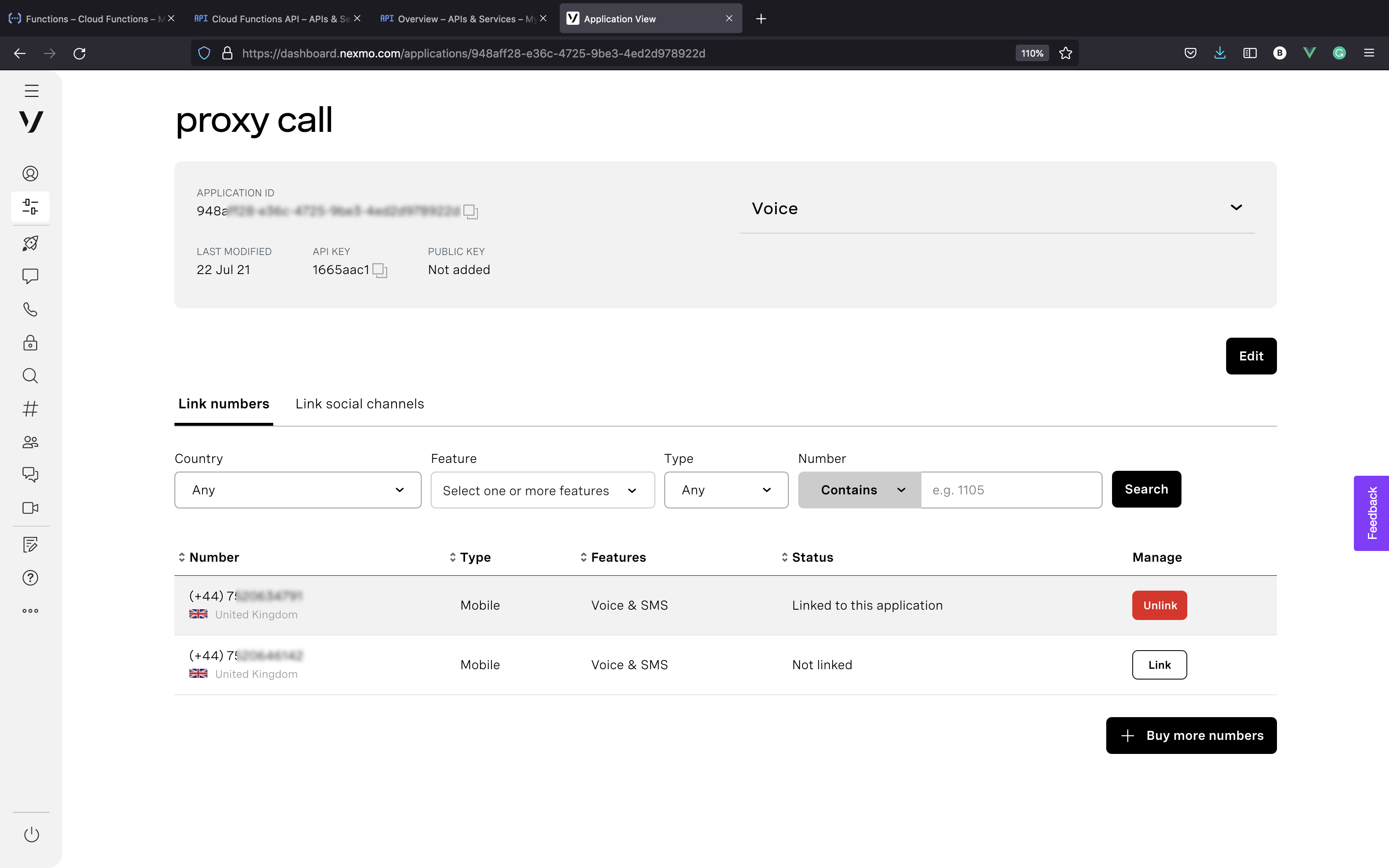 Link virtual Vonage number to Vonage Application