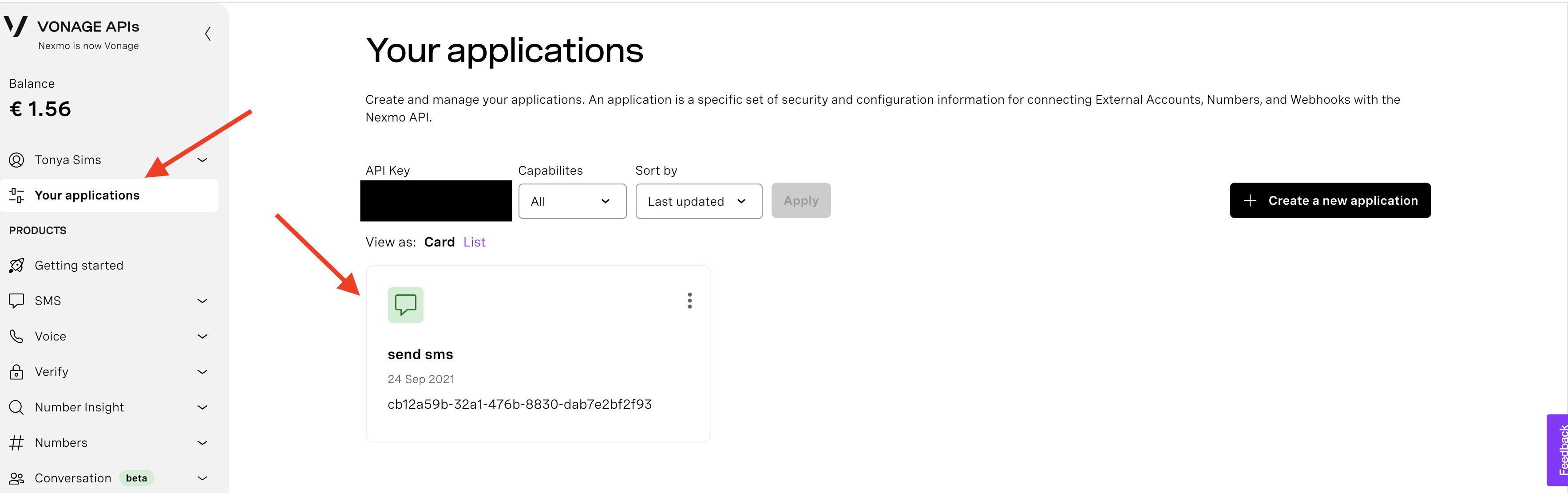 See Vonage dashboard after creating application with Vonage CLI