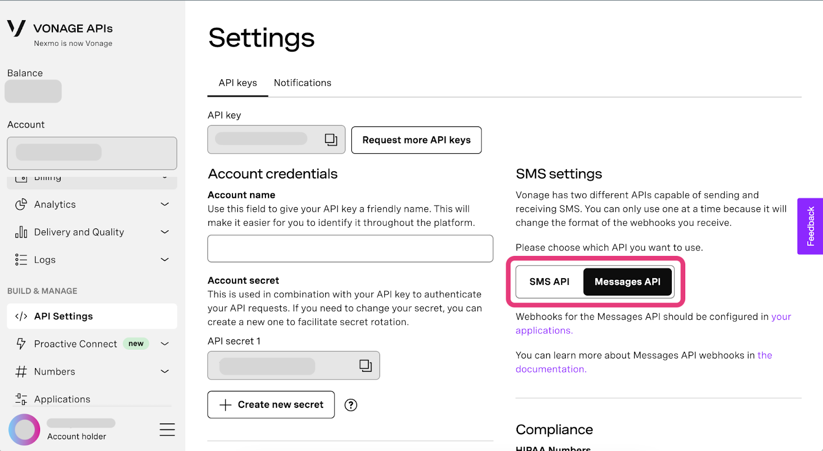 Select Messages API in the dashboard Settings page