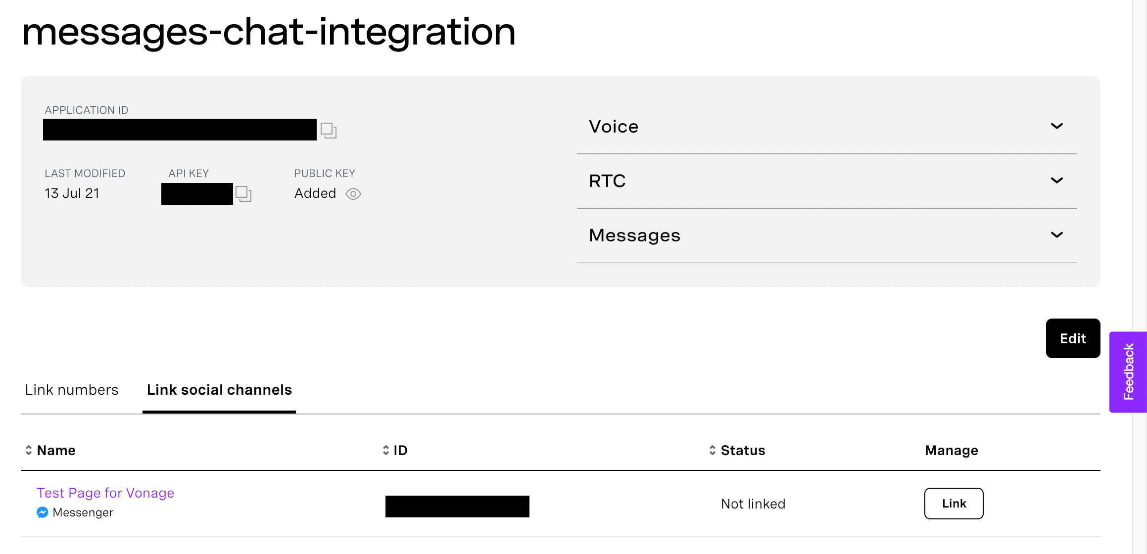 Screen shot of Application details page with the Facebook page listed