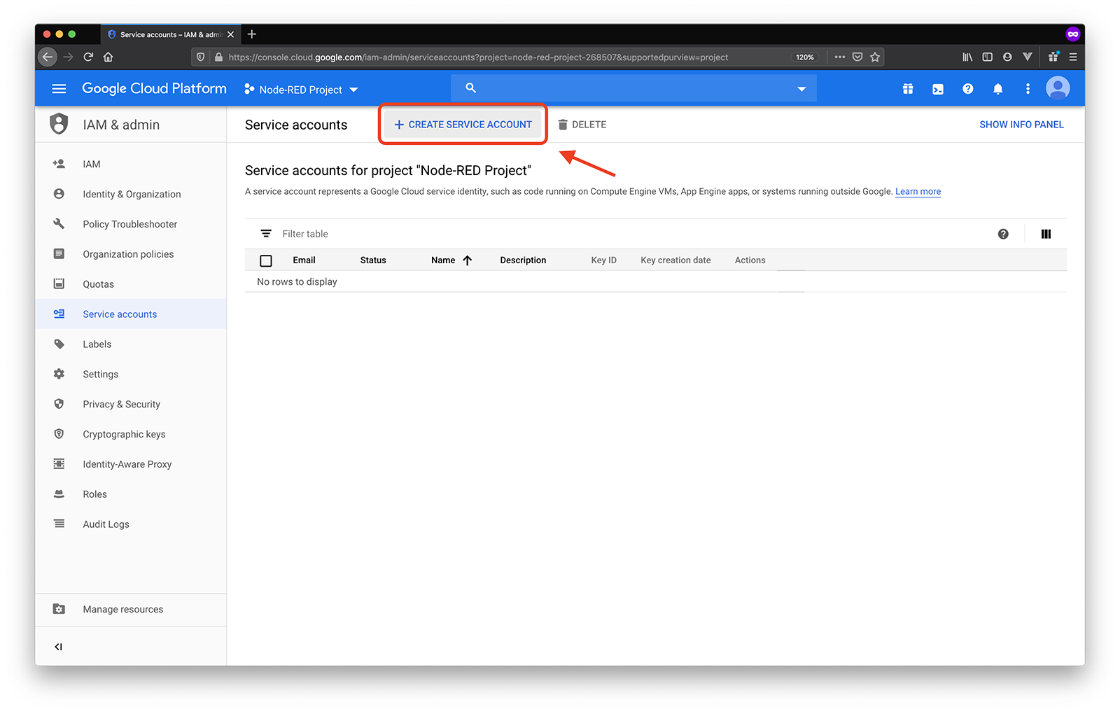 google create service account