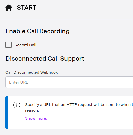 A screenshot of the setup options for the AI Studio Start node (Record Call, Call Disconnected Webhook)