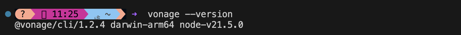 The image (version.png) displays the output for the version check of the Vonage CLI. The prompt includes the same colored elements as before, and the output shows the Vonage CLI and Node.js versions installed on the system.