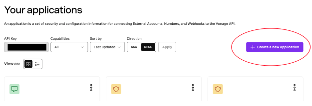 Screenshot of the Application panel in the Vonage Dashboard