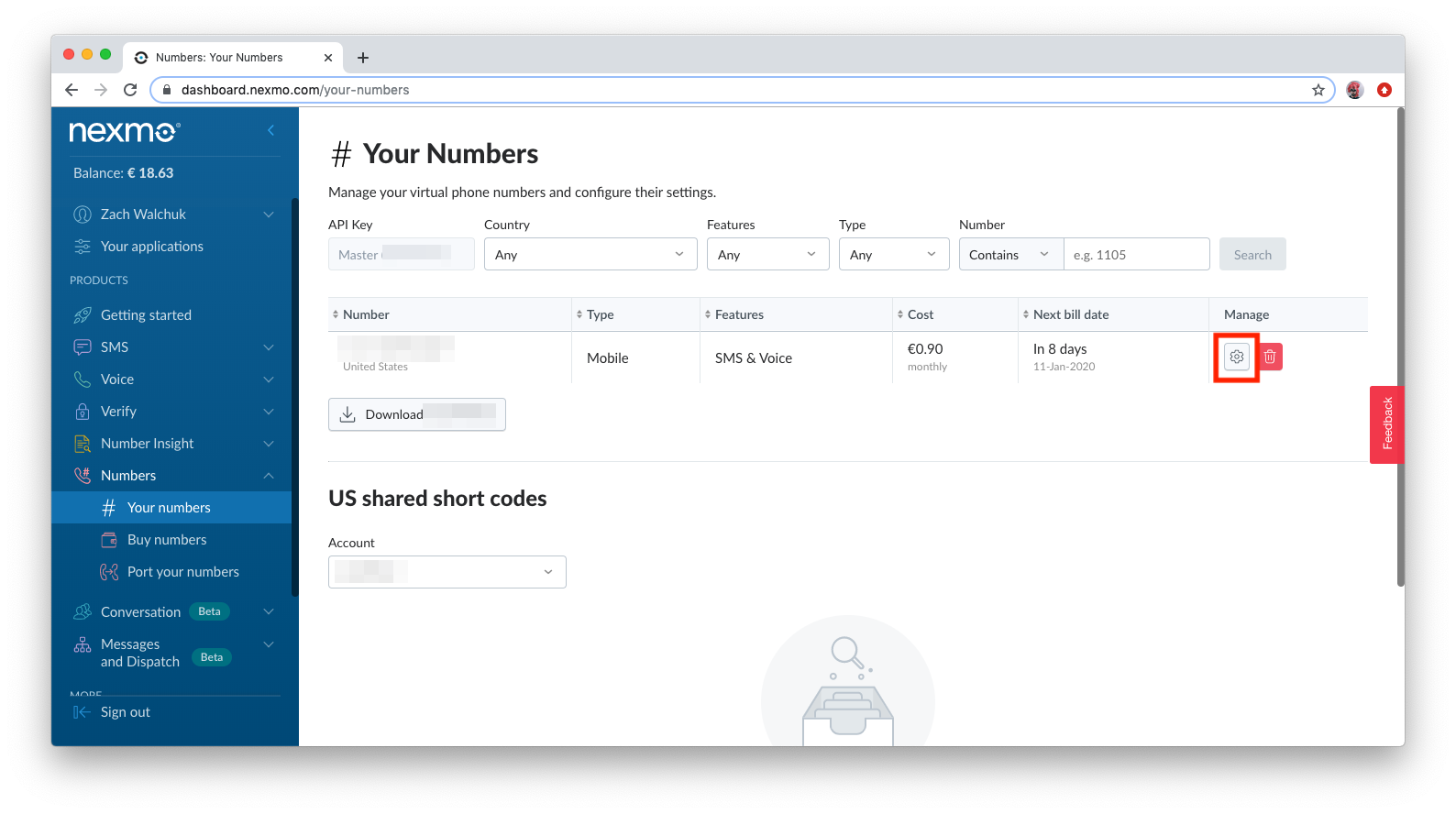 A screenshot of a page showing your rented numbers